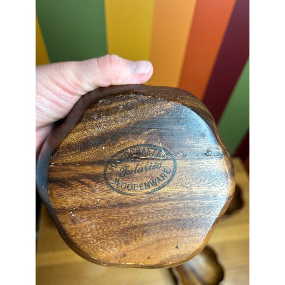 Vintage wooden salad kitchen serving bowls MCMtongs fork and spoon - Picture 5 of 9